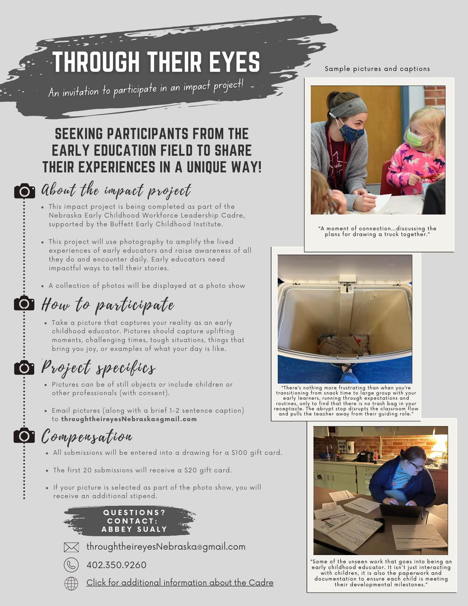 BuffettECI's tweet photo. Early educators, one of our Workforce Leadership Cadre members needs your help! Abbey Sualy (@SchoolPsych66) is looking for early childhood professionals to submit photos that illustrate the joys and challenges of caring for and teaching children. Check out the flyer below 👇 https://t.co/AtB3cyhi5b