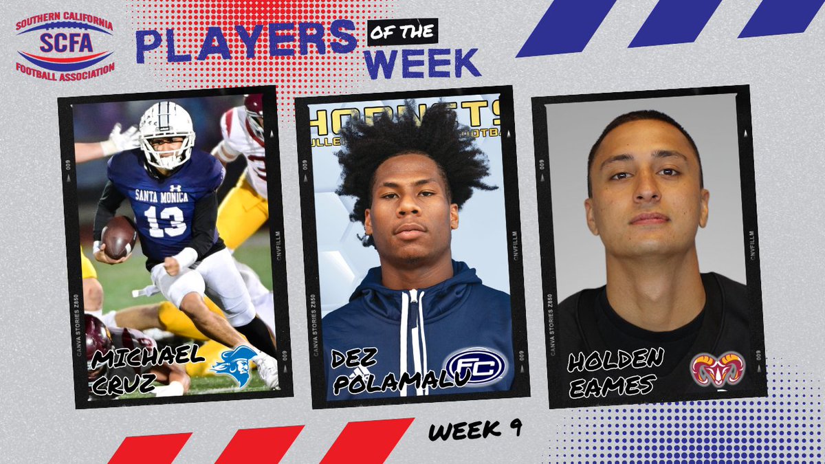 Congrats to the Week 9⃣ SCFA Players of the Week!
Offense: Michael Cruz, <a href="/SMC_CorsairFB/">SMC_FB</a> 
Defense: Dez Polamalu, <a href="/FullColl_FB/">𝐅𝐮𝐥𝐥𝐞𝐫𝐭𝐨𝐧 𝐂𝐨𝐥𝐥𝐞𝐠𝐞 𝐅𝐨𝐨𝐭𝐛𝐚𝐥𝐥</a> 
ST/AP: Holden Eames, <a href="/VVCfootball/">Victor Valley College Rams Football</a> 
More at scfafootball.com/sports/fball/2…
