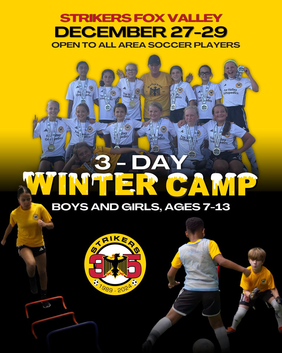 Gear up for the new year! ❄️ Our 3-day Winter Camp is back December 27-29 for all area soccer players — boys and girls, ages 7-13. Reserve your spot ➡️ strikersfoxvalley.com/register.  

#onecommunity #oneclub #soccer​​ #soccercamp #winter