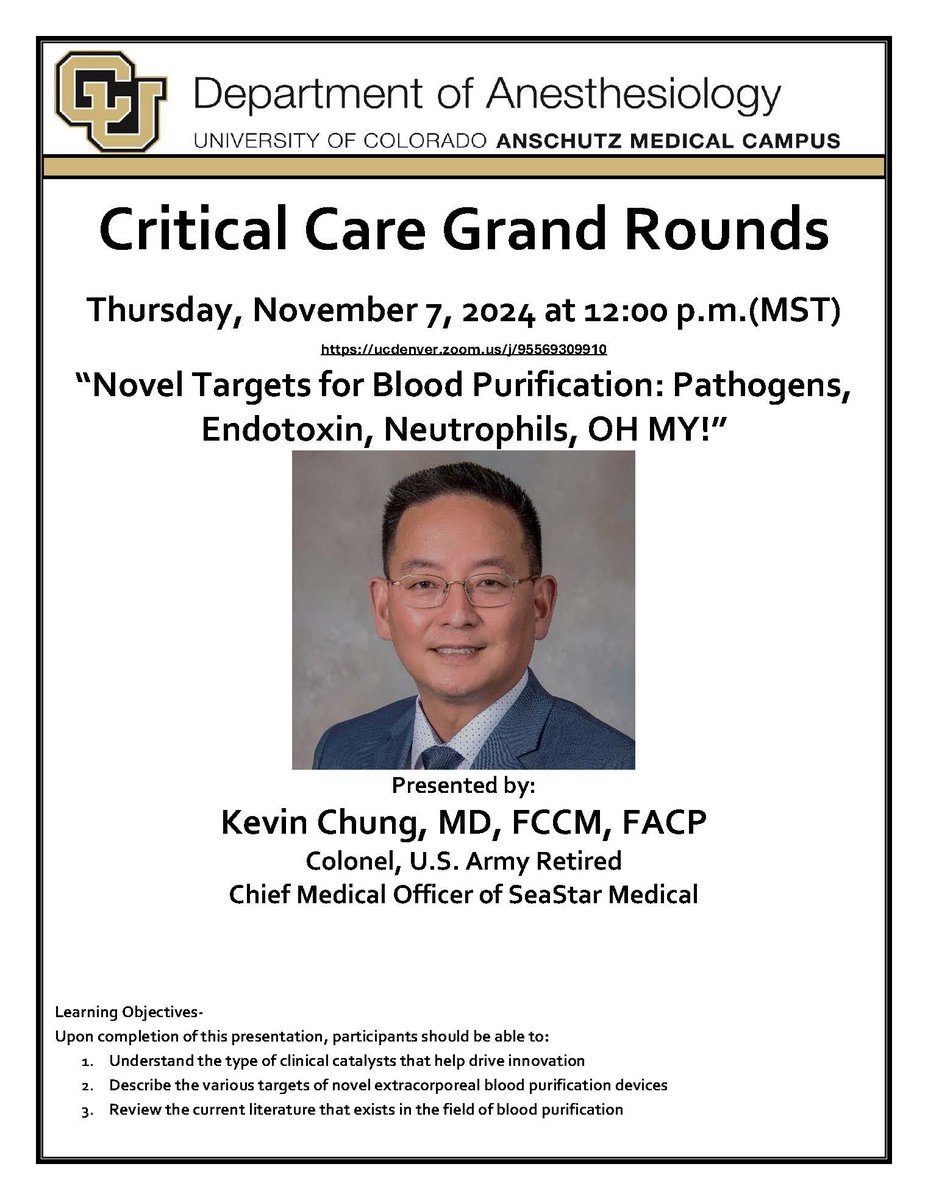 CU Center for COMBAT Research (@cucombatcenter) on Twitter photo Many thanks to Colonel <a href="/chungk1031/">Kevin K. Chung, MD</a> for presenting the #CriticalCare Grand Rounds for <a href="/CUSOMAnesthesia/">CU Department of Anesthesiology</a> today on the topic of innovative approaches to novel extracorporeal blood purification to reduce pathogens, neurotoxins, and more! Many thanks to Colonel <a href="/chungk1031/">Kevin K. Chung, MD</a> for presenting the #CriticalCare Grand Rounds for <a href="/CUSOMAnesthesia/">CU Department of Anesthesiology</a> today on the topic of innovative approaches to novel extracorporeal blood purification to reduce pathogens, neurotoxins, and more!