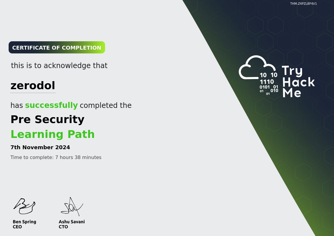 z3rodol's tweet image. 🎉 I’ve completed the Pre Security Learning Path on TryHackMe! 🚀

One step closer in my cybersecurity journey 🛡️. Excited to dive even deeper into the world of cybersecurity! #CyberSecurity #TryHackMe #PreSecurity #LearningPath
