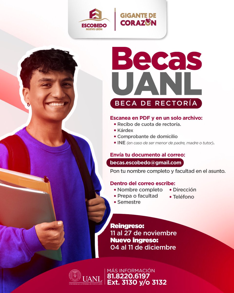 En #Escobedo tu educación es una prioridad. 
¡Te invitamos a unirte a nuestro programa de Becas UANL! 

Te compartimos toda la información. ⬇️