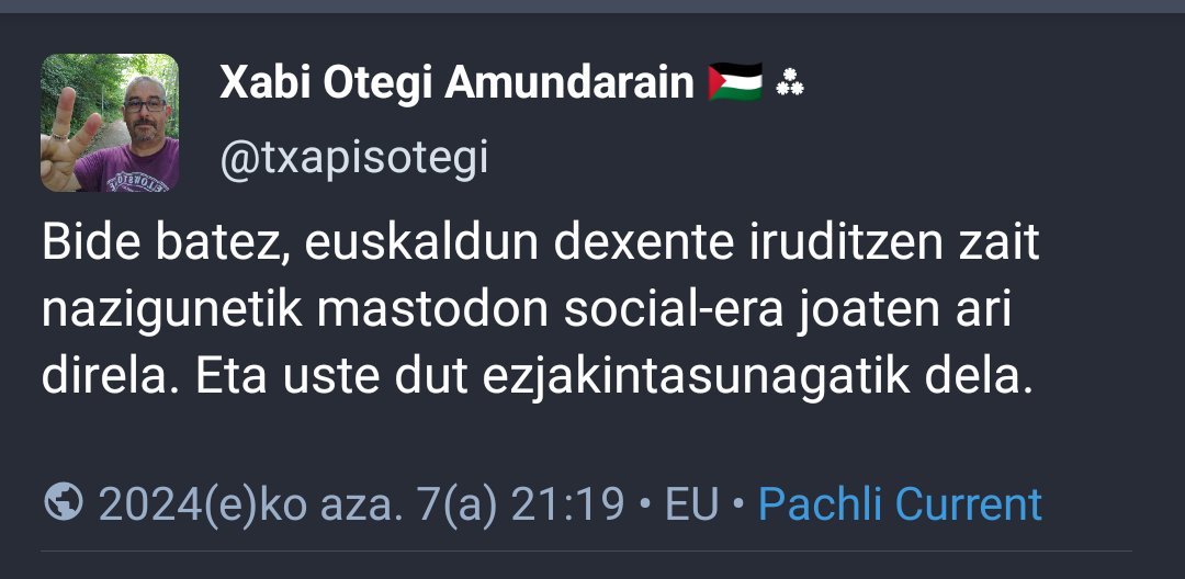 Badirudi euskaldun ugari mastodon erabiltzen hasi direla egunotan, baina social instantzia ari direla aukeratzen. Agian nahiago duzu erabiltzailea bi euskal instantzietako batean sortu:

- mastodon.eus
- mastodon.jalgi.eus

PD: lagundu X sarean mezu hau zabaltzen!