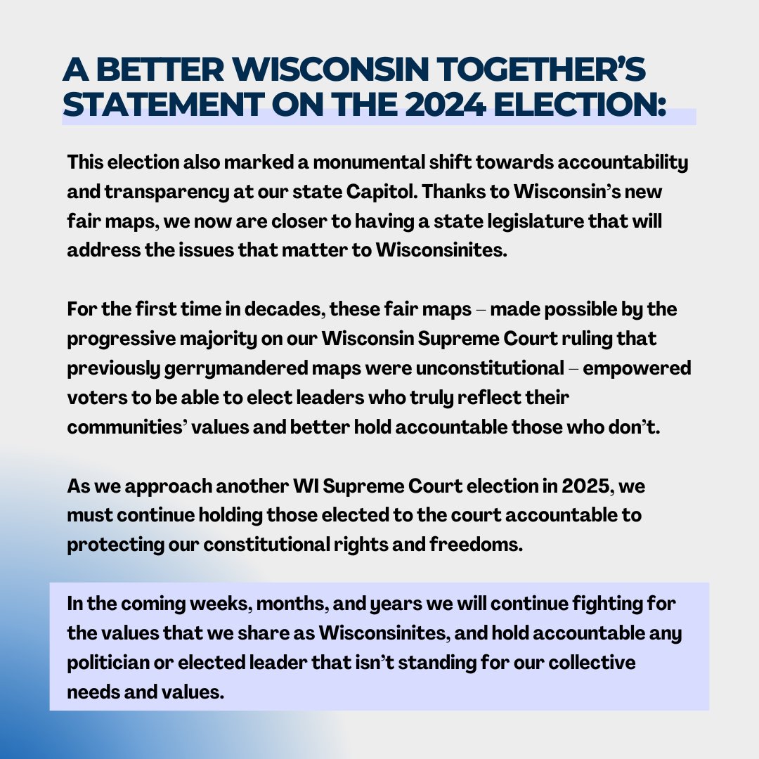 ABetterWis's tweet photo. As Wisconsinites, we know that there’s more that unites us than divides us and we will not let the divisiveness of the Project 2025, MAGA agenda halt our work for a better future. 

Read our full statement about the 2024 election: https://t.co/zukAOvX0lK