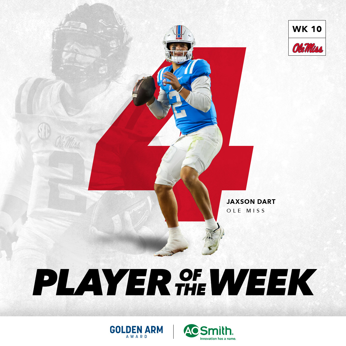Jaxson Dart hits the mark!

<a href="/JaxsonDart/">Jaxson Dart</a> threw for over 500 yards and 6 touchdowns to lead <a href="/OleMiss/">Ole Miss</a> to victory against Arkansas and become this week's A. O. Smith player of the week.