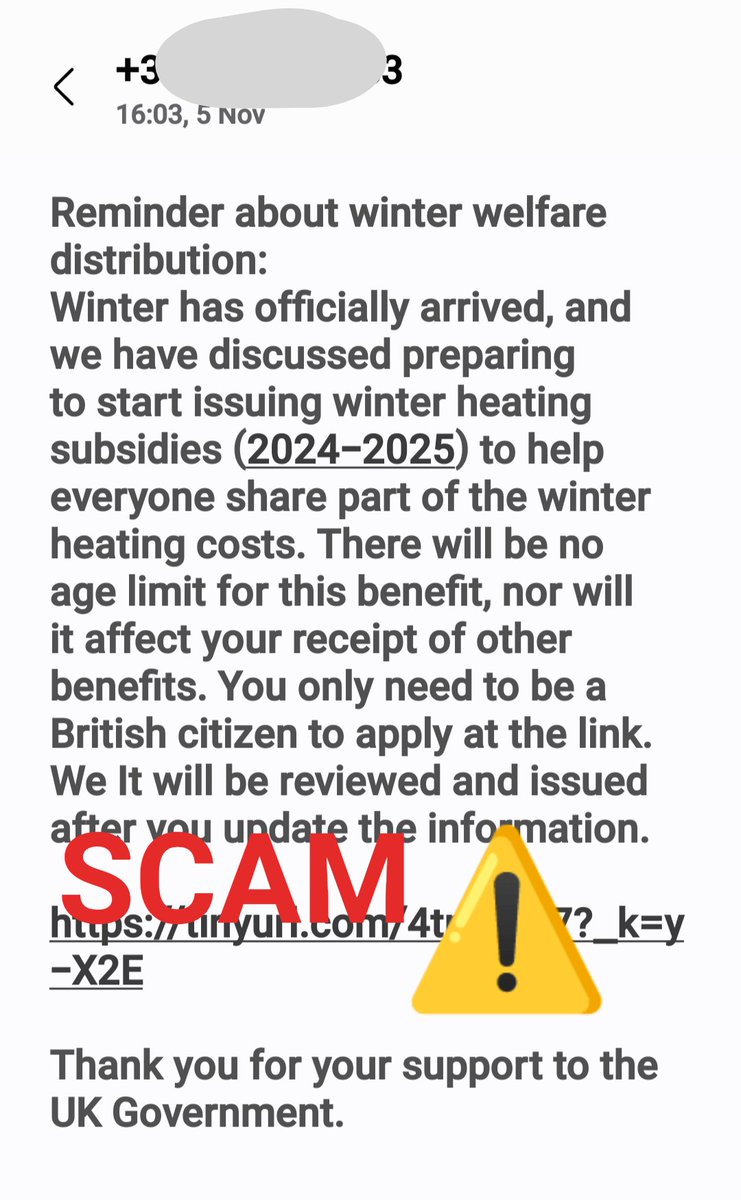 Scam warning 🚨

If you receive a text like these, IGNORE IT. Criminals are targeting people with them about fake winter grants and schemes.

You can report scam texts to your provider by forwarding them to 7726.

Please do spread the word to help people from getting caught out.