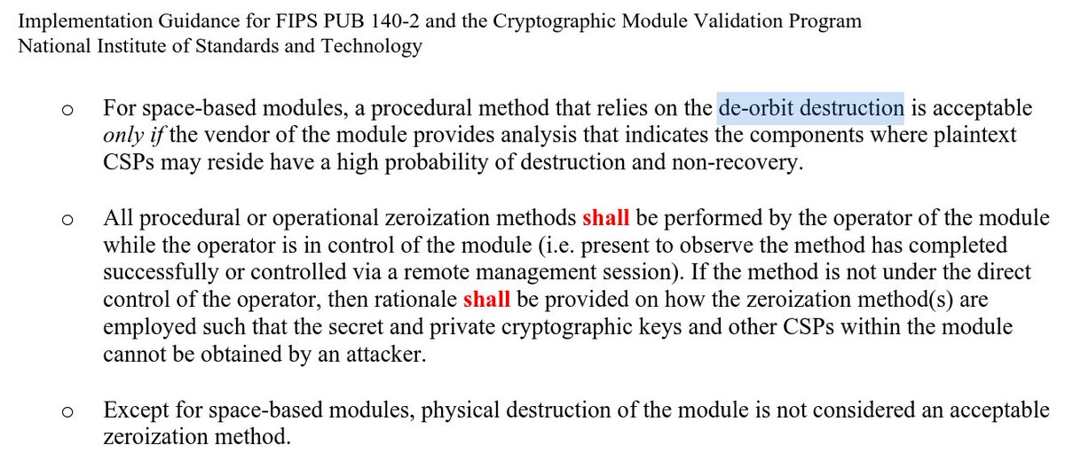 "Zeroization of secret keys in space-based modules by de-orbit destruction" is no longer mentioned in FIPS 140-3 IG 😭