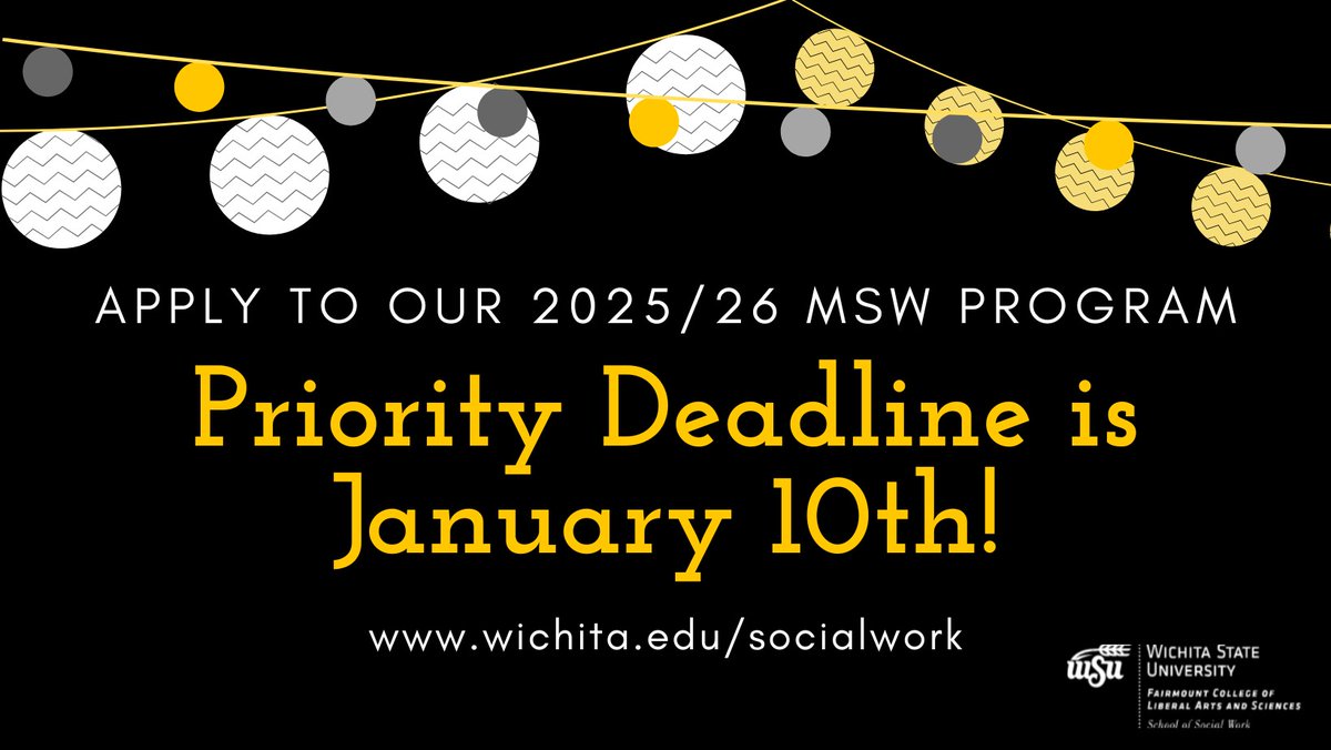Wichita State University School of Social Work (@wsusocialwork) on Twitter photo We are accepting applications for the 2025-26 school year, and we would love to invite you to apply to the #MSW program! We have both full- and part-time schedule options. Questions? Contact shaunna.millar@wichita.edu or visit the WSU MSW webpage. Thank you! #socialwork We are accepting applications for the 2025-26 school year, and we would love to invite you to apply to the #MSW program! We have both full- and part-time schedule options. Questions? Contact shaunna.millar@wichita.edu or visit the WSU MSW webpage. Thank you! #socialwork