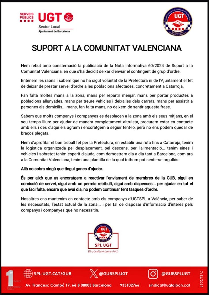 ⚠️ .<a href="/ugtajbcn/">UGT Ajuntament Barcelona ®️</a> i <a href="/gubsplugt/">UGT SPL GUB®️</a> sol·licitem a <a href="/bcn_ajuntament/">Ajuntament de Barcelona</a> que mantingui els agents <a href="/GUBBarcelona/">Guàrdia Urbana Barcelona</a> al dispositiu de suport a Catarroja (València), i presioni a <a href="/DeleGobCataluna/">Delegació del Govern a Catalunya</a> per aconseguir revertir la decisió de la Secretaria d'Estat de seguretat.

A València no hi sobra NINGÚ‼️