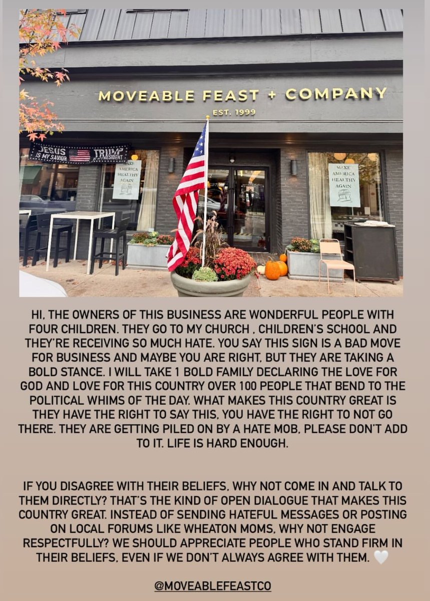 nextnews's tweet image. 🚨ALERT! A family-owned café, Moveable Feast + Company, at 112 N. Hale St. in Wheaton, IL, is under ruthless attack by radical leftists for daring to express their beliefs! 

Their banners say, "Jesus is my Savior, Trump is my President" and @RobertKennedyJr's own slogan, “Make…