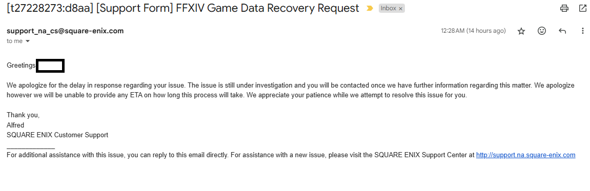 ScottDevonKane's tweet photo. I've been a FF/SE fanboy for years, and when my account is compromised, this is the constant response. No help, dismissive customer service, just 'wait, don't play, no ETA, pay for the game, though.' Yeah, I think I' m done with this. @FF_XIV_EN @_Naoki_Yoshida @SquareEnixUSA https://t.co/w0502mn1rk