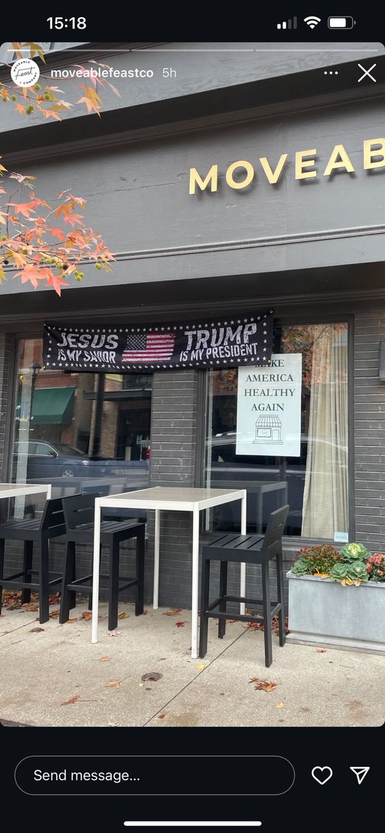 JeanneIves's tweet image. Just had lunch at Moveable Feast in Wheaton after some unhinged nuts threatened and bullied them and sent the health department after them for flying a flag "Jesus is my Savior, Trump is my President." Read more here. breakthrough-ideas.com/read/2024/11/0…