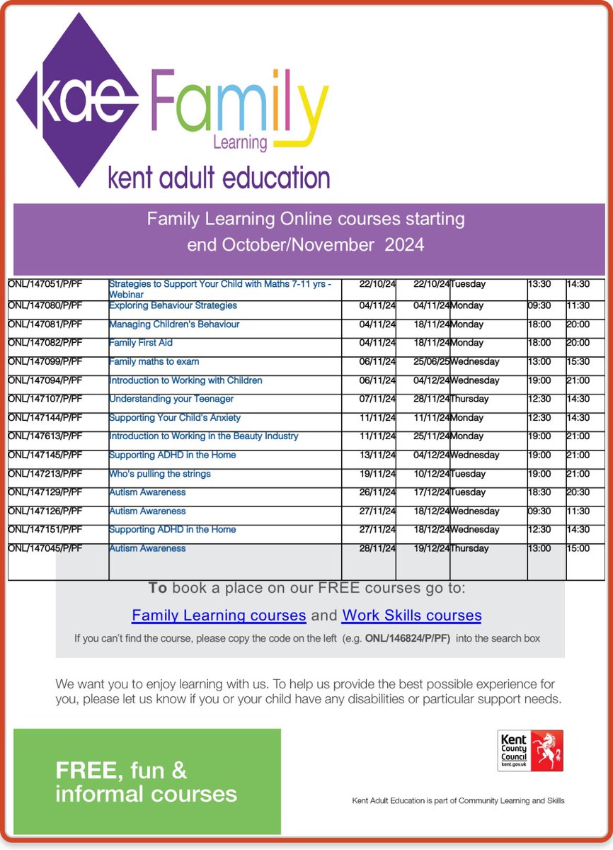 Some interesting parent courses available from Kent Adult Education. #teambrockhill
