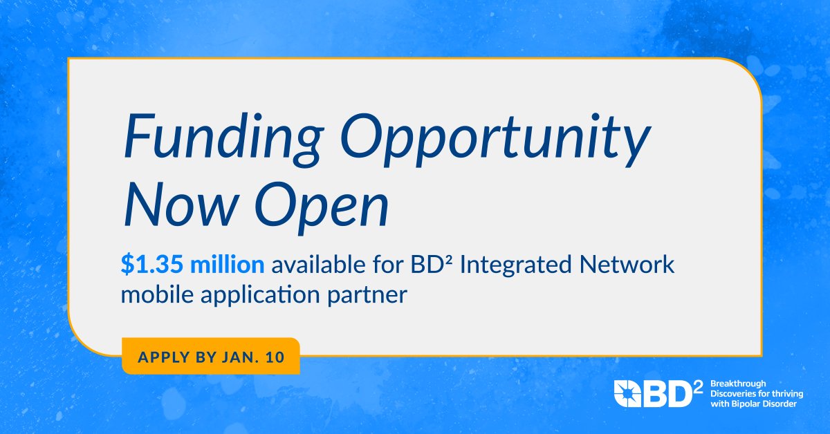 &gt;&gt;$1.35M in funding available&lt;&lt;  Now accepting applications to develop and manage a mobile app system for data collection, monitoring &amp; analysis to increase the scientific understanding of #bipolardisorder and improve care. 

Apply: bipolardiscoveries.org/funding/rfa-op…