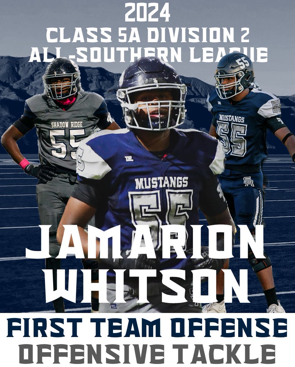 Congratulations to (Senior) #55 Jamarion Whitson - Offensive Tackle for being named 2024 All Southern League 5A Division 2 - 1st Team Offense!
-
#DefendTheRidge #ShadowFootball #AllConference #5ADiv2  #LVRJ #NevadaPreps #702HSFB 🏈