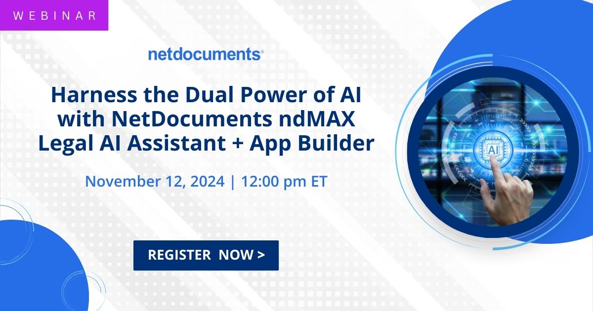 netdocuments's tweet image. ⚡ You can still join us TOMORROW 11/12 at 12pm ET! See how @NetDocuments new #LegalAIAssistant+ #App Builder, powered by #PatternBuilderMAX, can revolutionize your workflows.

👉 Register now: pages.netdocuments.com/harness-the-du…

#LegalTech #LegalAI #AI #ndMAX