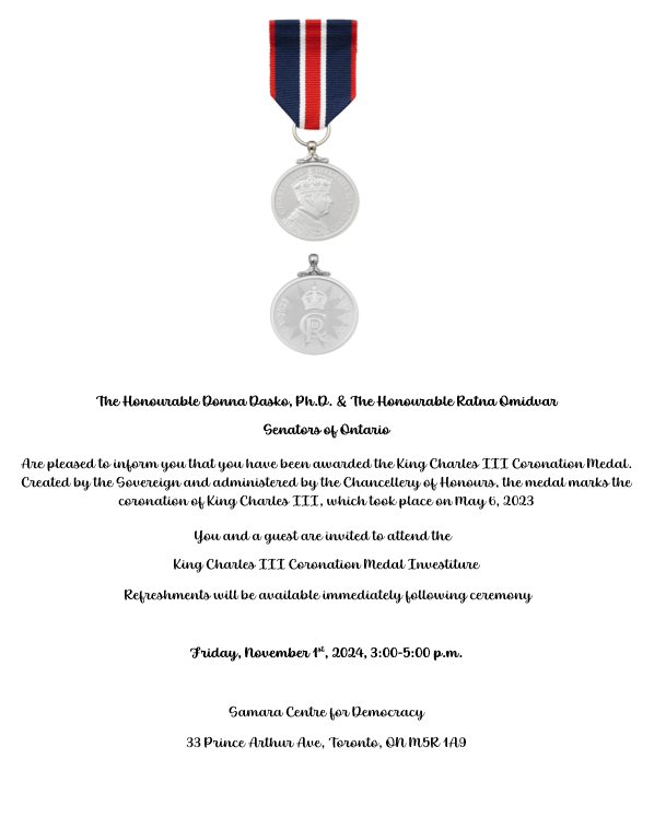 DonnaDasko's tweet photo. What an honour to recognize these outstanding Canadians with the King Charles III Coronation Medal. Senator @Ratnaomi &amp; I presented recipients at the @TheSamaraCentre in Toronto. Thank you to all for your contributions to your communities, and to Canada. Congratulations! https://t.co/0tHvOOQnks