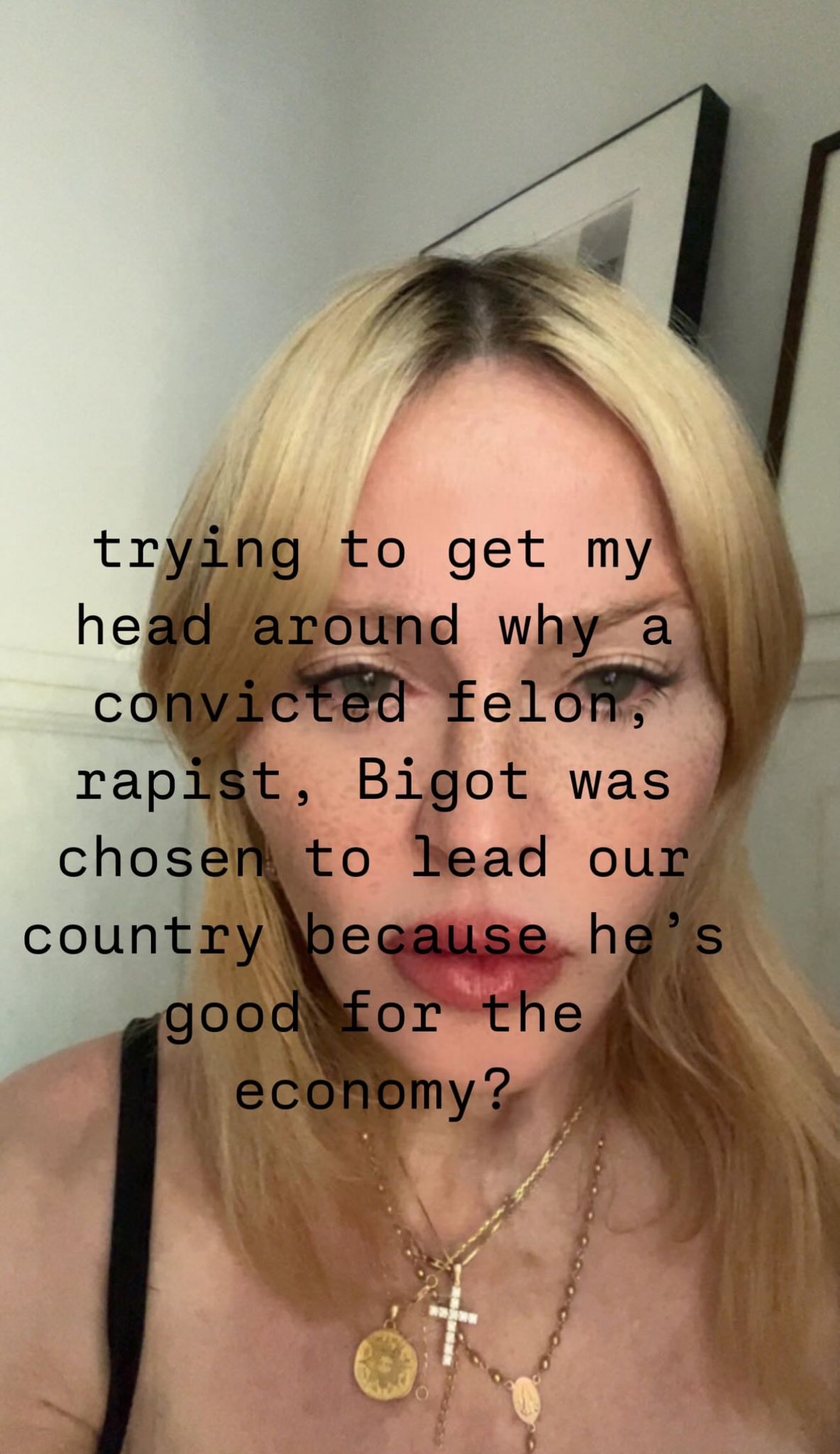 Pop base on x: "madonna addresses donald trump's win, showing off a cake displaying the words 'fuck trump': “trying to get my head around why a convicted felon, rapist, bigot was chosen