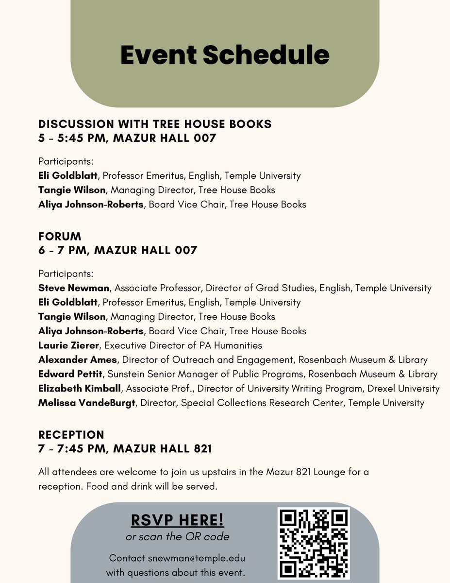Next Tues, 11/19! 

The Public Humanities in an Age of Austerity: A Forum
5-7:45 PM
Mazur Hall 007/821

RSVP here!
forms.office.com/r/27kqsBMqVA

#templeenglish #templeuniversity #publichumanities #englishphd #englishmajor