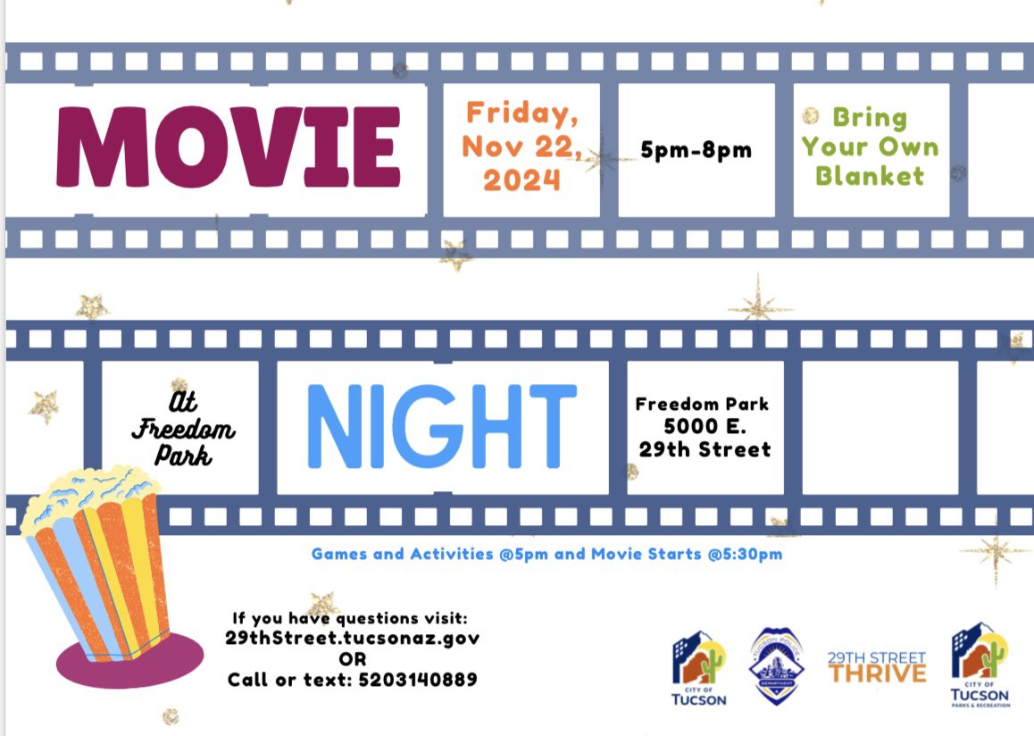 OpsMidtown's tweet image. Movie in the Park Friday November 22nd. Freedom Park 5000 E. 29th St. 5-8 PM. Will be a fun time with a good movie and good friends. Bring the family for a great event. Ready Set Rec will also be there with some fun activities. May be a chilly night so plan ahead. See you then!