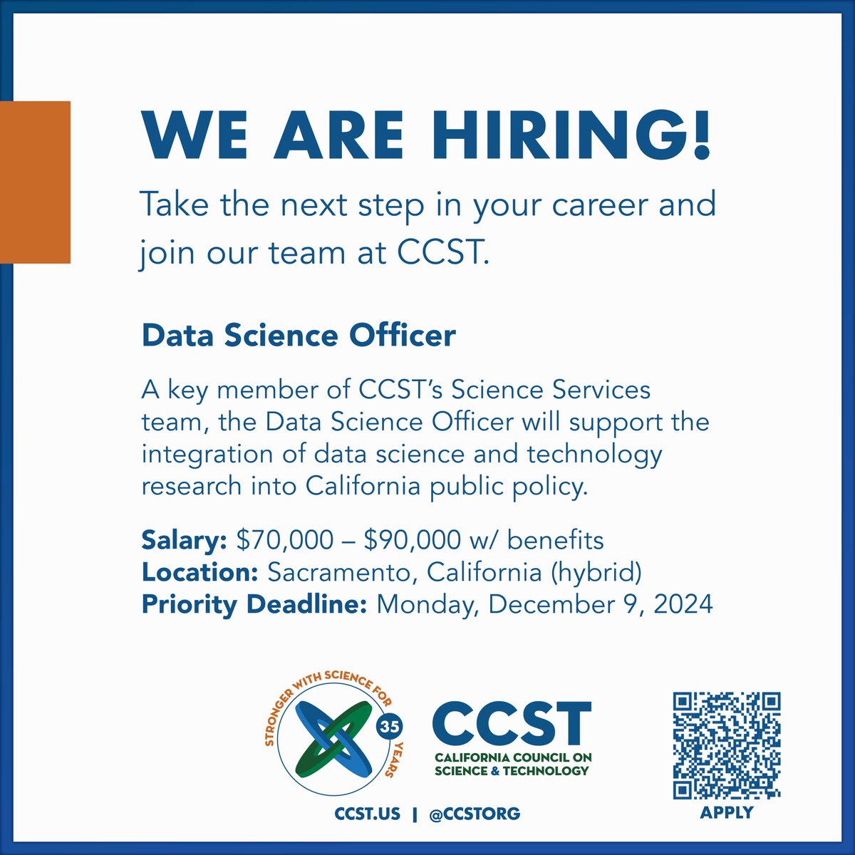 CCST (@ccstorg) on Twitter photo NEW JOB: Shape the future of data science policy in California as CCST's new Data Science Officer.
Priority Deadline: Dec. 9, 2024
Learn more and apply:
ccst.us/data-science-o…
#SciPol #SciPolJobs <a href="/SciPolJobs/">Science Policy Jobs</a> #Sacramento #SciencePolicy #DataScience NEW JOB: Shape the future of data science policy in California as CCST's new Data Science Officer.
Priority Deadline: Dec. 9, 2024
Learn more and apply:
ccst.us/data-science-o…
#SciPol #SciPolJobs <a href="/SciPolJobs/">Science Policy Jobs</a> #Sacramento #SciencePolicy #DataScience