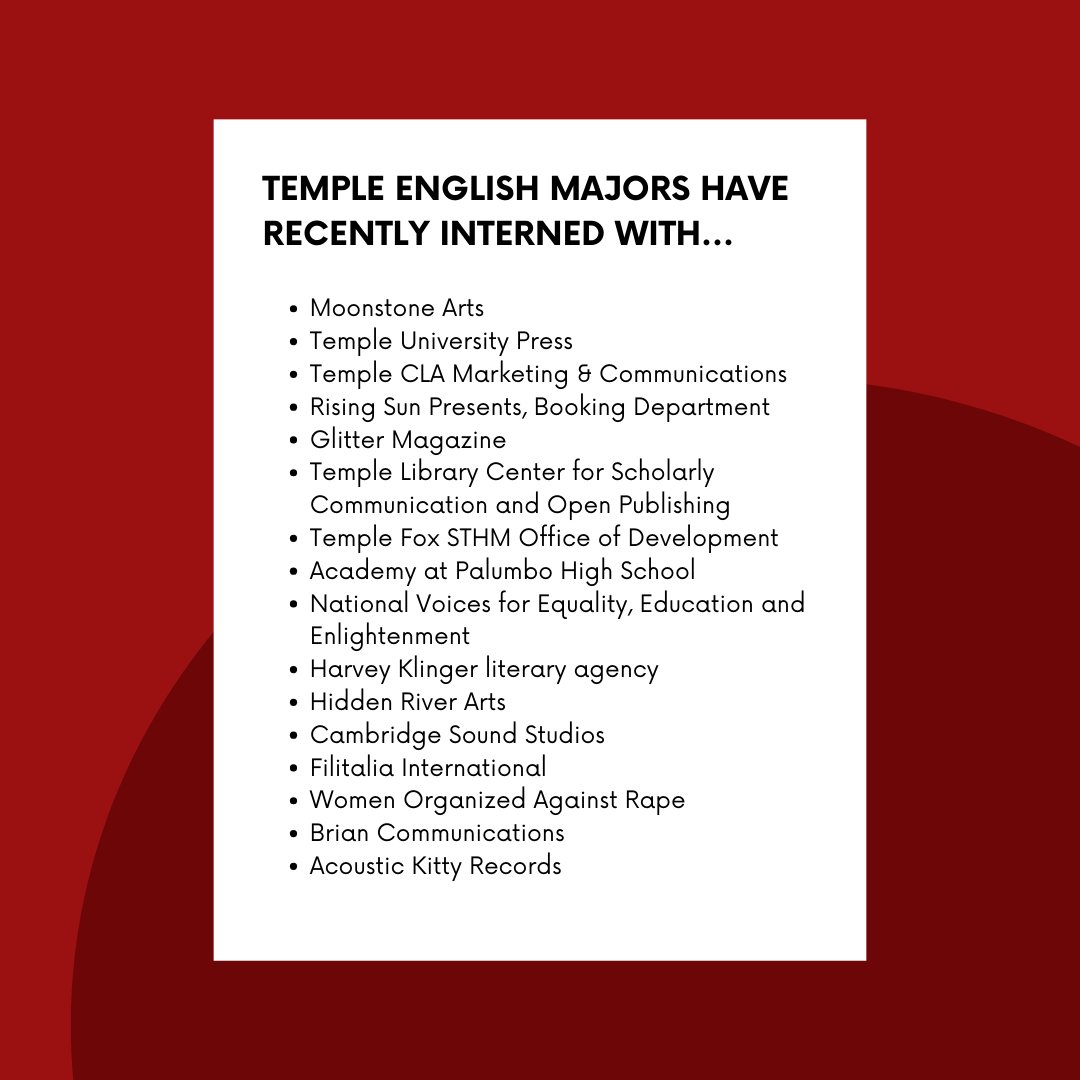 Temple Department of English (@englishattemple) on Twitter photo English majors! Show employers how you apply your in-demand communications skills through an internship this spring in English 3085: Career Internship.
Contact stan.mcdonald@temple.edu to get started!
#templeuniversity #englishmajor #phillyinternships English majors! Show employers how you apply your in-demand communications skills through an internship this spring in English 3085: Career Internship.
Contact stan.mcdonald@temple.edu to get started!
#templeuniversity #englishmajor #phillyinternships