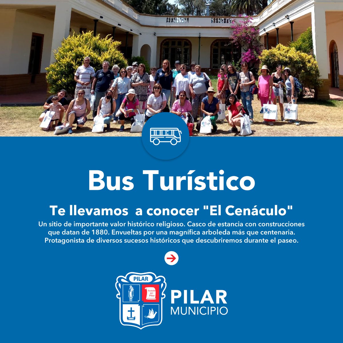 PilarTurismo's tweet photo. Te llevamos a conocer el #ElCenáculo con el #BusTurístico 

🗓️ Sábado 16/11  9:00hs
📍Lorenzo López  624-Pilar
😀 Reservá tu lugar ¡Te esperamos!

📲 Inscribite al whatsapp  de #MiMuni  11 5238 6864
👉Más info: https://t.co/Dx0kLyOgDs

#PilarTurismo https://t.co/Xkl4HrbrLb