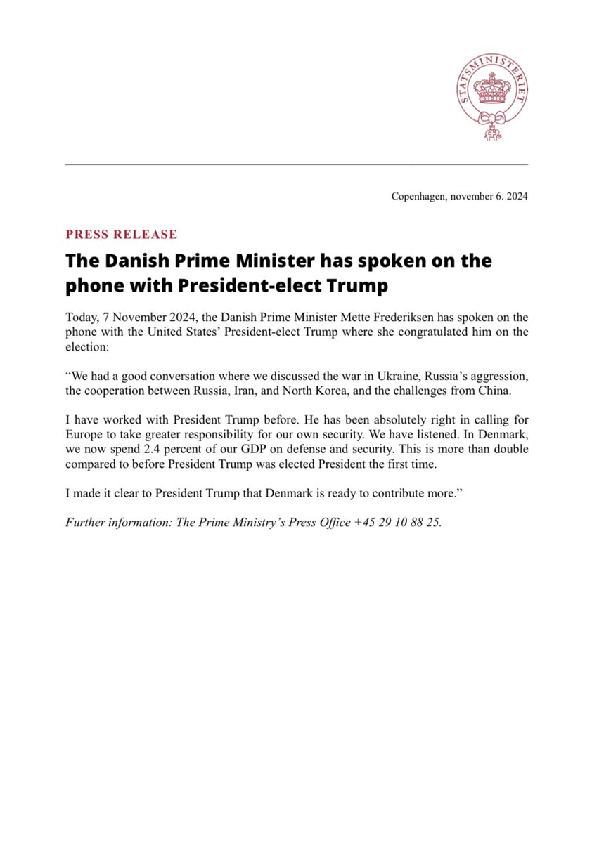 Today, the Danish Prime Minister Mette Frederiksen has spoken on the phone with <a href="/realDonaldTrump/">Donald J. Trump</a>.