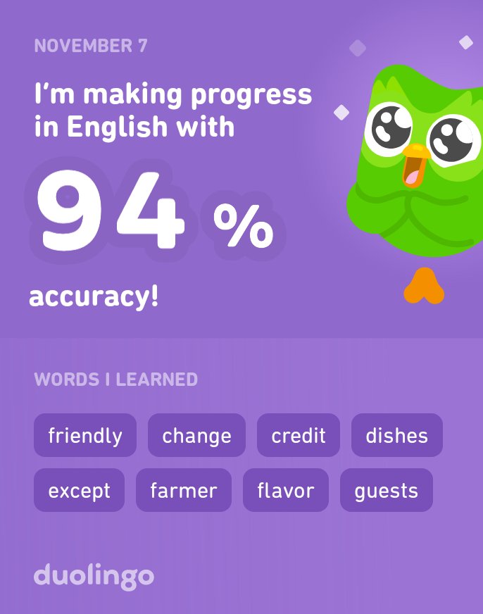 I’m learning English on Duolingo! It’s free, fun, and effective.