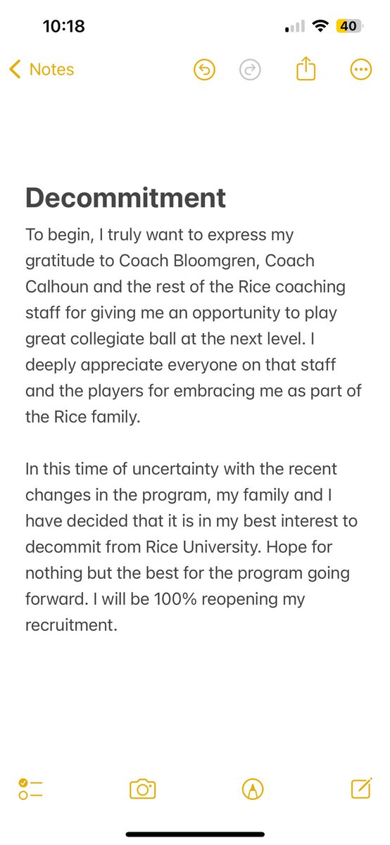 Brendon Rice (@brendonricee) on Twitter photo I will be decommitting from Rice University and will 100% be reopening my recruitment.
<a href="/CoachHerstein/">Coach Herstein</a> <a href="/wbslobin/">Billy Slobin</a> <a href="/D2__Slob/">Jake Slobin</a> <a href="/CoachZaim/">Zaim Cunmulaj</a> <a href="/AllenTrieu/">Allen Trieu</a> <a href="/TheD_Zone/">The D Zone</a> <a href="/PrepRedzoneMI/">Prep Redzone Michigan</a> <a href="/MIexposure/">Michigan exposure</a> <a href="/Sportsinthed_/">Sports in the D ™</a> <a href="/MichFBFrenzy/">Michigan Prep Frenzy</a>
hudl.com/v/2QfDGK
Link to tape⬆️ I will be decommitting from Rice University and will 100% be reopening my recruitment.
<a href="/CoachHerstein/">Coach Herstein</a> <a href="/wbslobin/">Billy Slobin</a> <a href="/D2__Slob/">Jake Slobin</a> <a href="/CoachZaim/">Zaim Cunmulaj</a> <a href="/AllenTrieu/">Allen Trieu</a> <a href="/TheD_Zone/">The D Zone</a> <a href="/PrepRedzoneMI/">Prep Redzone Michigan</a> <a href="/MIexposure/">Michigan exposure</a> <a href="/Sportsinthed_/">Sports in the D ™</a> <a href="/MichFBFrenzy/">Michigan Prep Frenzy</a>
hudl.com/v/2QfDGK
Link to tape⬆️