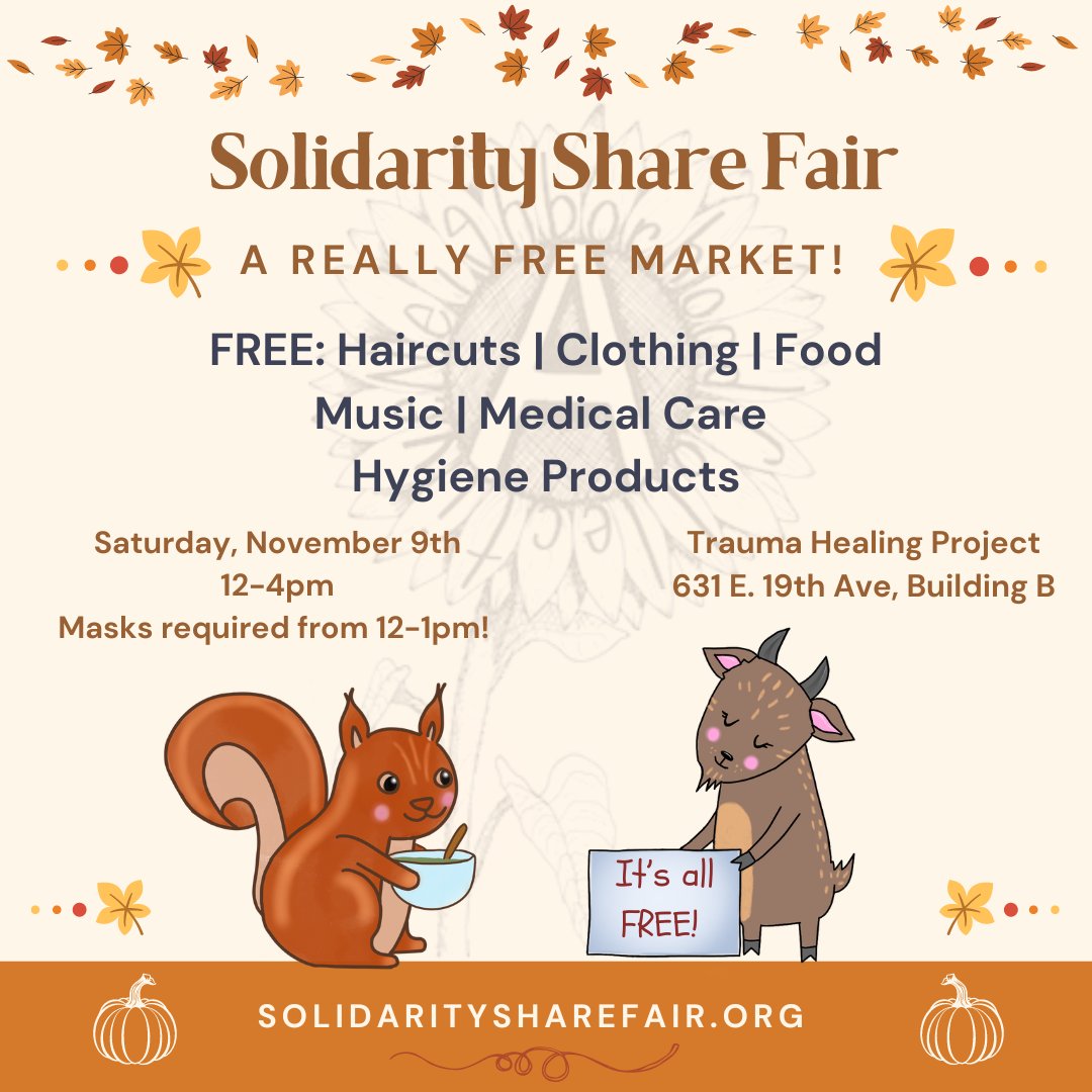 The Solidarity Share Fair is coming up on Sat! There will be lots of free stuff! A great opportunity to come together as a community.
12-4pm @ the Trauma Healing Project. Masks required noon-1pm
Volunteers needed! (especially 11am-1pm)
Bring donations!
neighborhoodanarchists.org/sharefair/