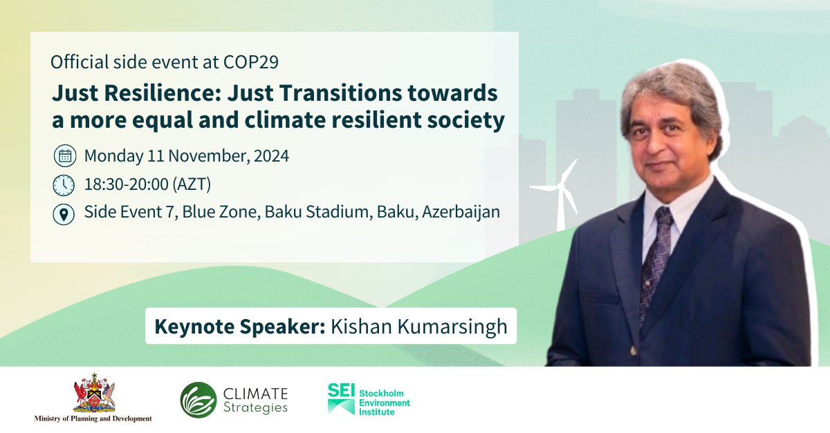 We are pleased to share that Kishan Kumarsingh, lead climate negotiator for Trinidad &amp; Tobago, is a keynote speaker at our #COP29 side event!🌍

Join us in #Baku or online: ⬇️
climatestrategies.org/event/just-res…