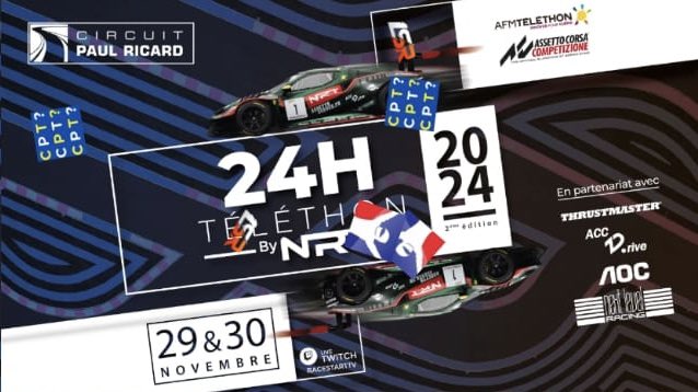 La IRON PHŒNIX RACING est très fière de vous annoncer qu’elle va participer au 24h Telethon by NRT !

Une course qui se joue sur le circuit Paul Ricard, le 29 et 30 novembre, qui a pour but de récolter des dons pour le Telethon.

Un évènement qui vient conclure une belle année 👊