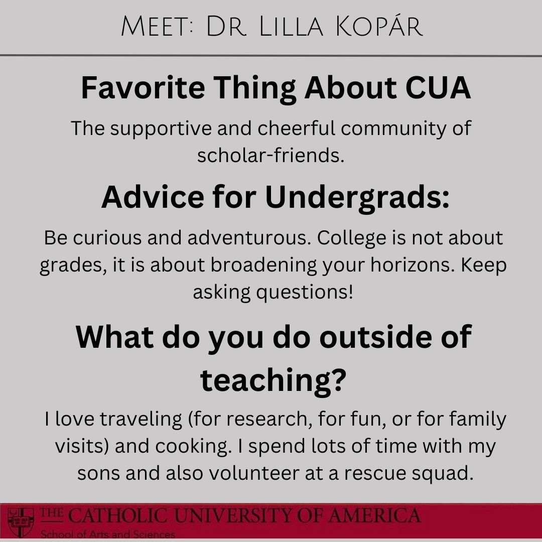 CUArtSci's tweet image. #FacultyHighlight: Meet Dr. Lilla Kopár! Dr. Kopár is a professor of English and the Director of the Center of Medieval and Byzantine Studies. 

Here&apos;s a little more about Dr. Kopár and her advice for undergrads. 

#CatholicUniversity #ThisIsCatholicU @CUAEnglish