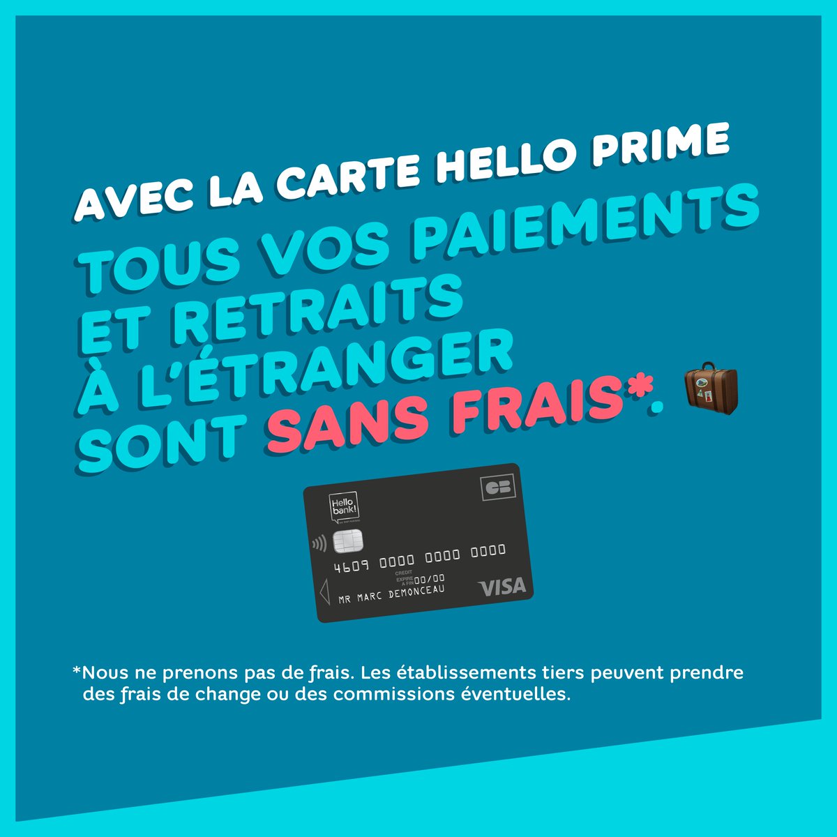 Explorez le monde sans vous soucier des frais bancaires* à l’étranger ! 🌍💳

*Nous ne prenons pas de frais. Les établissements tiers peuvent prendre des frais de change ou de commissions éventuelles. 

#hellobank #travel