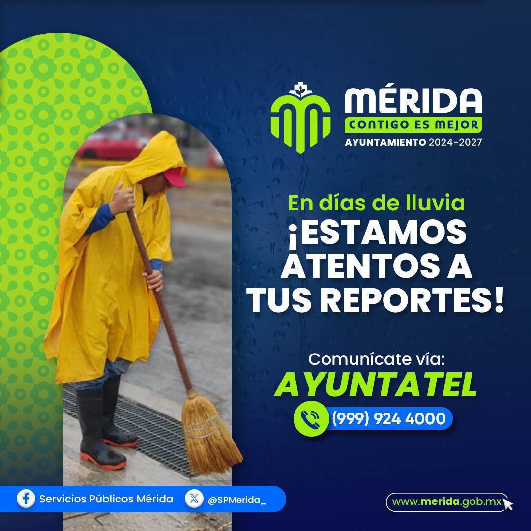 Ante el pronóstico de lluvia en el municipio toma tus precauciones y recuerda que si necesitas atención, puedes contactarnos por 📲 DM o por 📞 Ayuntatel al (999) 924 4000. ¡Estamos listos para atenderte! 👍🏻

<a href="/CeciliaPatronL/">Cecilia Patrón Laviada</a> <a href="/AyuntaMerida/">Ayuntamiento Mérida</a>