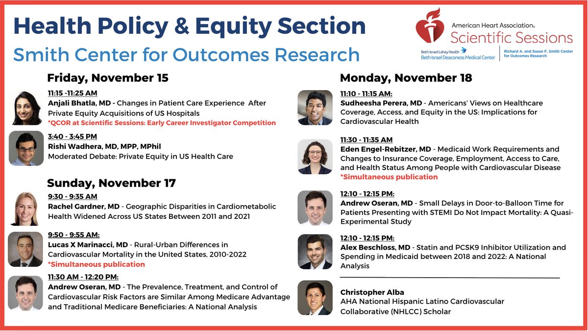 Rishi Wadhera, MD MPP (@rkwadhera) on Twitter photo The Health Policy & Equity Section <a href="/SmithBIDMC/">BIDMC Smith Center</a> will be at #AHA24 <a href="/AHAScience/">AHA Science</a>!
Check out this incredible group of trainees' research focused on high impact policy areas, including private equity in healthcare, Medicaid work requirements, & the rural cardiovascular health crisis The Health Policy & Equity Section <a href="/SmithBIDMC/">BIDMC Smith Center</a> will be at #AHA24 <a href="/AHAScience/">AHA Science</a>!
Check out this incredible group of trainees' research focused on high impact policy areas, including private equity in healthcare, Medicaid work requirements, & the rural cardiovascular health crisis