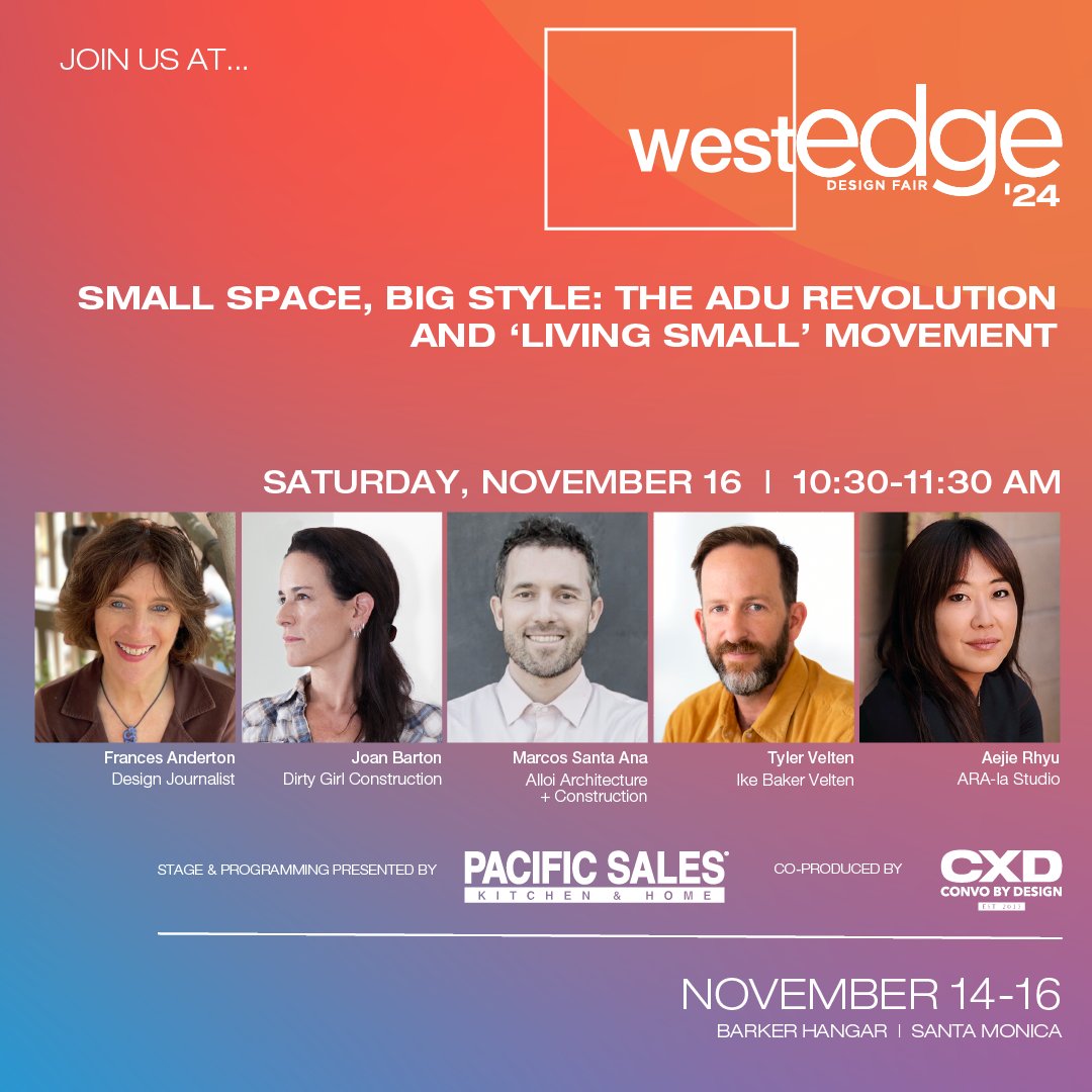 The WestEdge Design Fair kicks off in Santa Monica next weekend with the panel discussion "Small Space, Big Style: The ADU Revolution and 'Living Small' Movement," featuring our very own Marcos Santa Ana.

Get your tickets at westedgedesignfair.com

#WestEdge2024