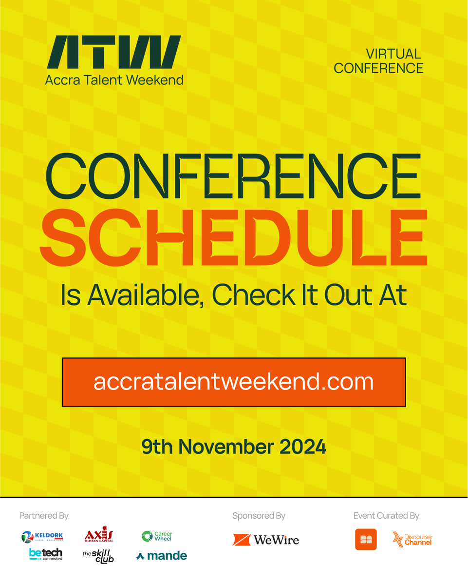 The official schedule for Accra Talent Weekend is now live on our website! 
Get ready to plan your day filled with insightful panels and interactive workshops.

Check it out and don’t miss a moment! 
accratalentweekend.com

 #AccraTalentWeekend #ATW24