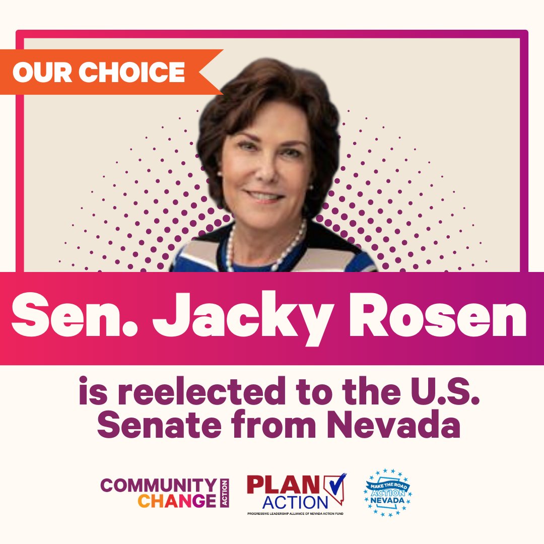 Thanks to the hard work of our partners <a href="/PLANActionNV/">PLAN Action</a>, <a href="/makeroadactNV/">Make the Road Action NV</a>, and countless organizers in #NV who mobilized voters, we're celebrating the re-election of <a href="/SenJackyRosen/">Senator Jacky Rosen</a>! 🎉