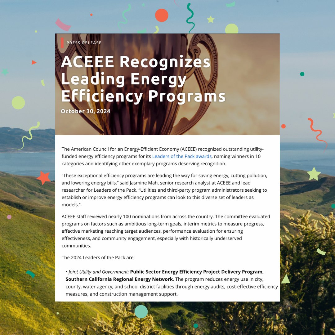 We are so proud to be recognized by ACEEE as Leader of the Pack in the Joint Utility and Government category, specifically for our Public Sector Energy Efficiency Project Delivery Program! We couldn't have done it without the dedication of our public agency network and staff!