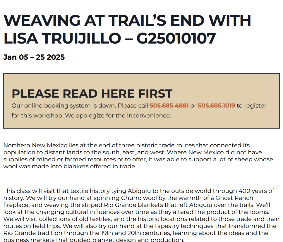 Lisa Trujillo will be teaching a 3 week workshop in Ghost Ranch January 2025!

If you are interested in signing up, check the link below for the official Ghost Ranch sign-up page.
ow.ly/Ll1N50U1Hv4