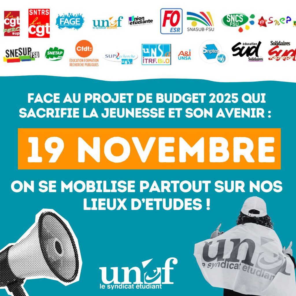 Face au projet #budget2025 qui sacrifie la jeunesse et son avenir : d’autres choix sont nécessaires pour l'ESR ! 

l'UNEF appelle a se mobiliser partout sur nos lieux d'études le #19novembre au côté de l'intersyndicale de l'enseignement supérieur ! 💪🏻