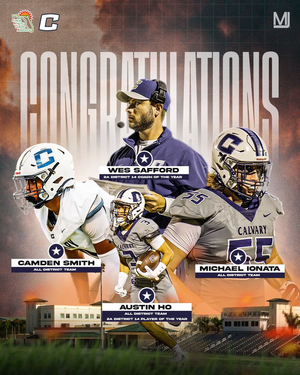 Calvary Christian Football (Clearwater, Fl) (@calvary_fb) on Twitter photo Congratulations on your <a href="/FACACoach/">FACA</a> recognition!
<a href="/iamaustin1ho/">Austin Ho</a>, <a href="/MikeIonata/">3⭐️ Mike Ionata</a>, and <a href="/camsmith1_/">Cam Smith</a> made the all district team.
<a href="/iamaustin1ho/">Austin Ho</a> is the 2A district 14 Player of The Year.
<a href="/wessaff14/">Wes Safford</a> is 2A District 14 Coach of the Year. #WeAreWarriors Congratulations on your <a href="/FACACoach/">FACA</a> recognition!
<a href="/iamaustin1ho/">Austin Ho</a>, <a href="/MikeIonata/">3⭐️ Mike Ionata</a>, and <a href="/camsmith1_/">Cam Smith</a> made the all district team.
<a href="/iamaustin1ho/">Austin Ho</a> is the 2A district 14 Player of The Year.
<a href="/wessaff14/">Wes Safford</a> is 2A District 14 Coach of the Year. #WeAreWarriors