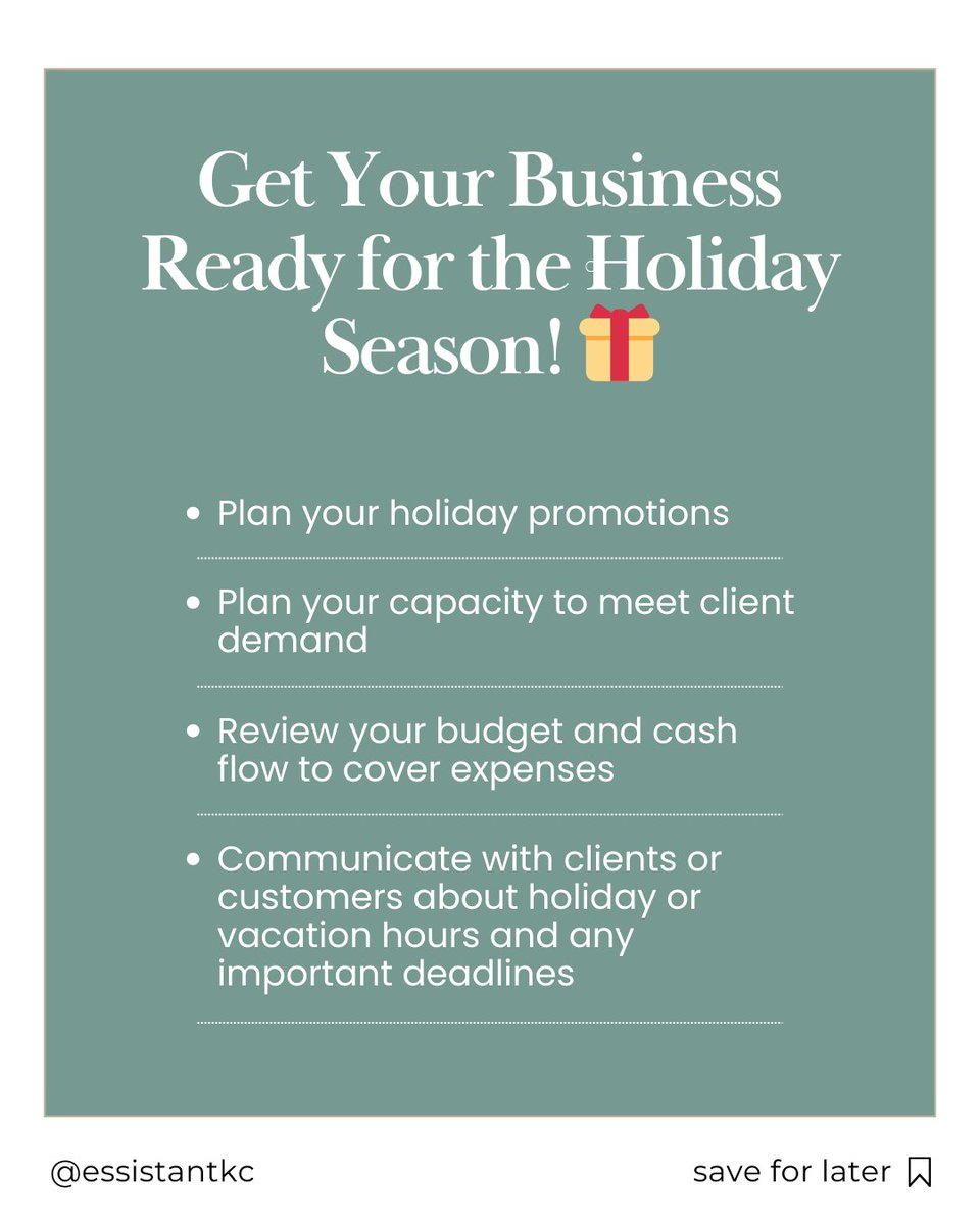 EssistantKC's tweet photo. The holidays are fast approaching—here are a few tips to help you prepare. 

And don’t forget—reach out to us if you have any bookkeeping questions or need support during the busy season! https://t.co/O4Gw6LKkUD