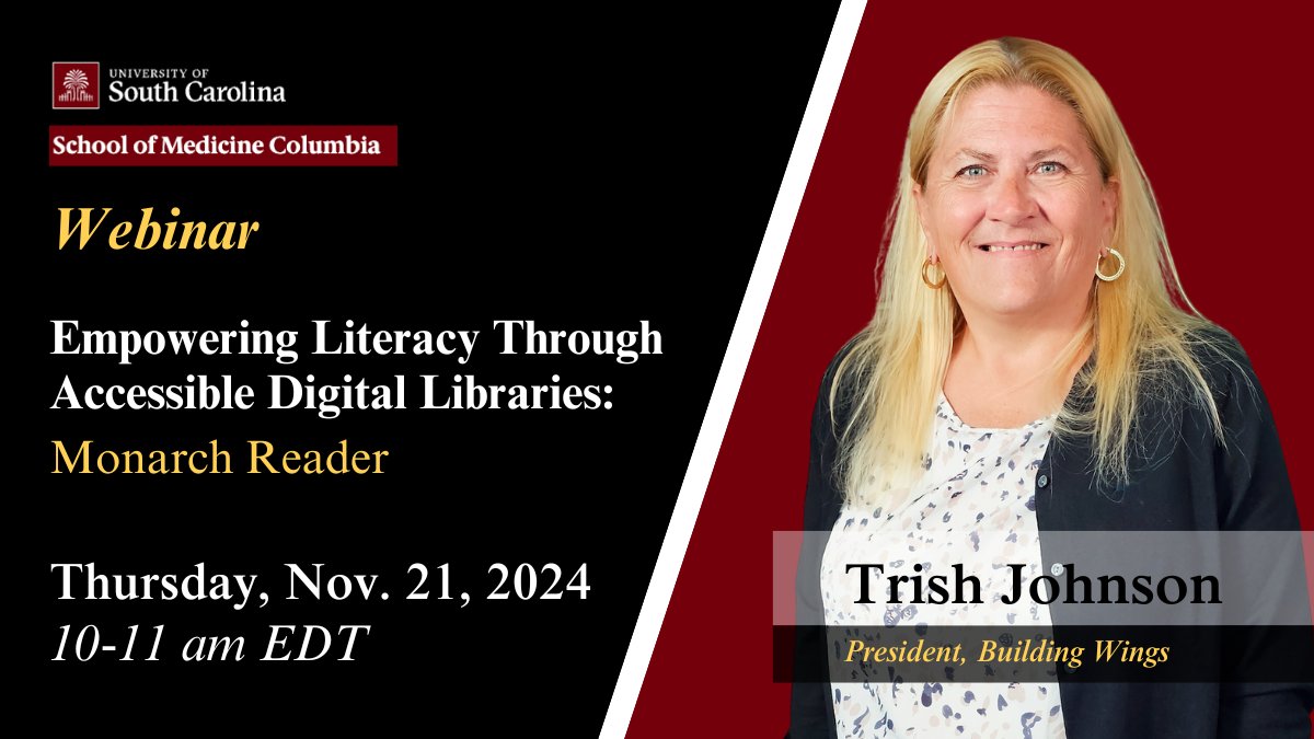 BuildingWingsCo's tweet photo. Explore practical ways educators can use accessible digital books as part of reading instruction and how #MonarchReader addresses current challenges in literacy education during a 60-minute webinar hosted by @UofSC School of Medicine-Columbia, and presented by @AllMeansAllTJ on Thursday, Nov. 21.

Register to attend at: https://t.co/FsoL3TuPZC