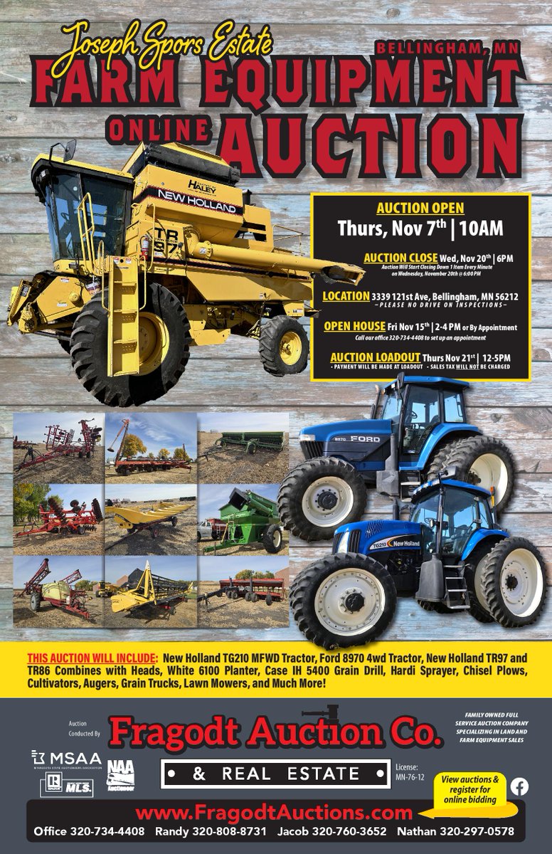 FragodtAuction's tweet photo. *Auction is Open!* Joseph Spors Estate Farm Equipment Auction

View Here: https://t.co/iRSxc5lzCF

Location: 3339 121st Ave, Bellingham, MN 56212

Open House: Friday, November 15th From 2:00 - 4:00 PM

Auction Close:  Wednesday, November 20th @ 6:00 PM. https://t.co/CqnuQ8L17m