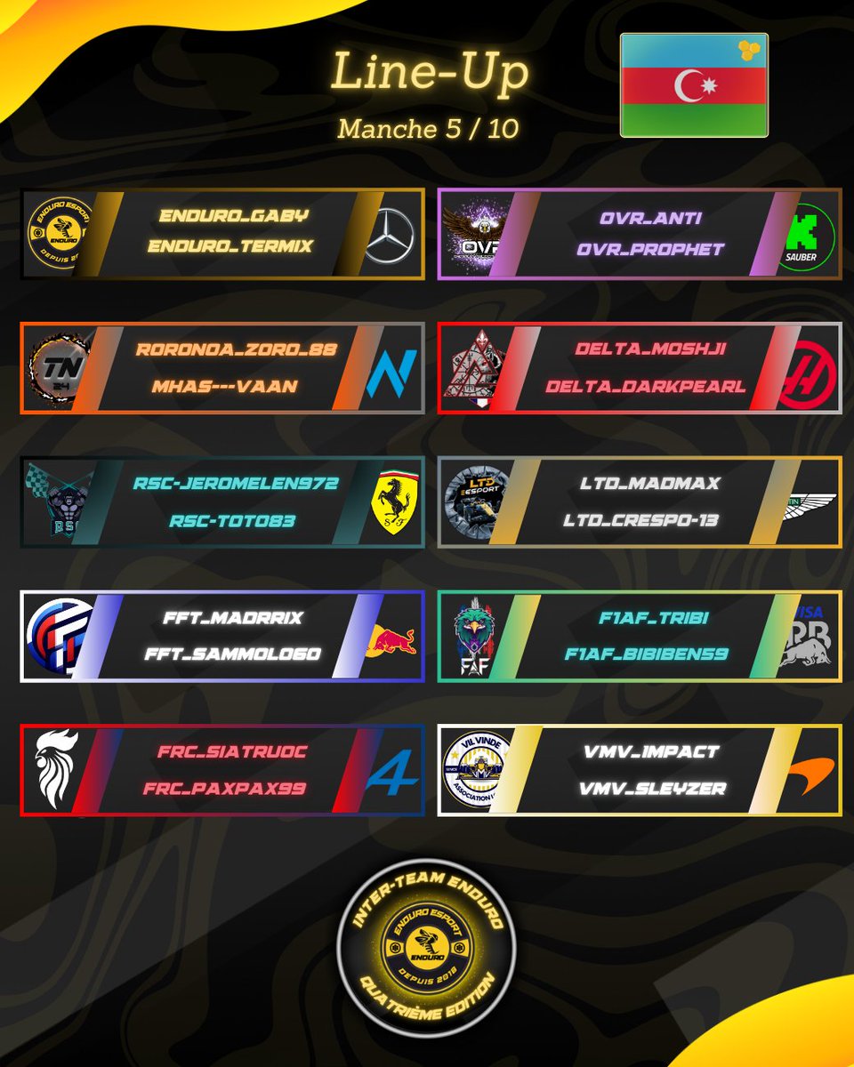 LINE-UP INTER-TEAM ENDURO 4 🐝
Voici les 20 pilotes qui s'affronteront ce soir en piste ⚔️
RDV à 21h00 à Baku 🇦🇿 🔥