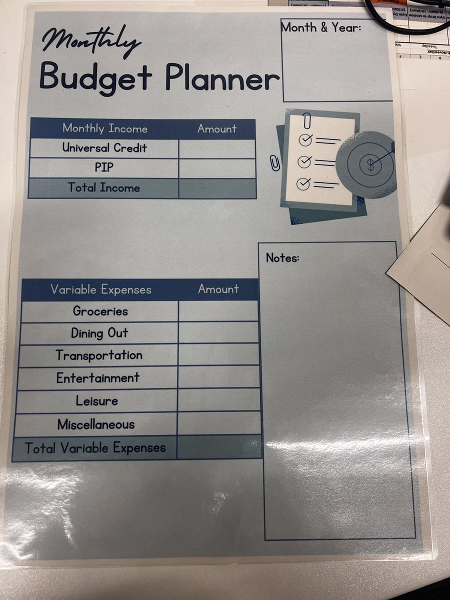 A budget planner I have created for one of the service users on Churchill ward as I help him prepare for discharge!
Laminated so he can change this each month. 
Money skills are often forgotten but are very important! Will definitely be making more of these in the future💚