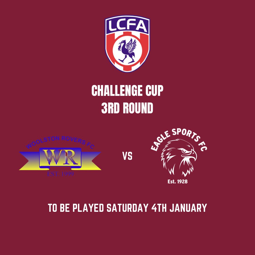 Eagle Sports FC (@eaglesportsfc) on Twitter photo The Draw for Round Three of the 2024/2025 <a href="/Liverpool_CFA/">Liverpool FA</a> Challenge Cup has been made! ๐
We will travel across Warrington to face <a href="/WoolstonFC/">Woolston Rovers FC</a> on Saturday 4th January.
#Upthegulls ๐ฆ
The Draw for Round Three of the 2024/2025 <a href="/Liverpool_CFA/">Liverpool FA</a> Challenge Cup has been made! ๐
We will travel across Warrington to face <a href="/WoolstonFC/">Woolston Rovers FC</a> on Saturday 4th January.
#Upthegulls ๐ฆ